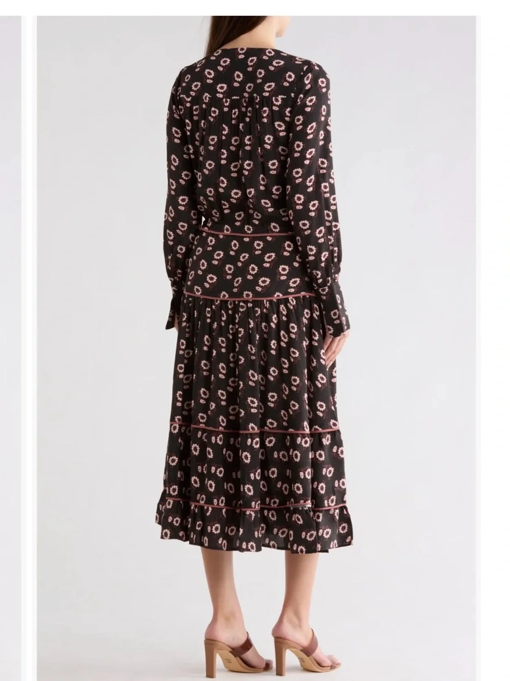 PAIGE Christine Long Sleeve Midi Dress Large Black Floral Boho Tiered Tie Waist